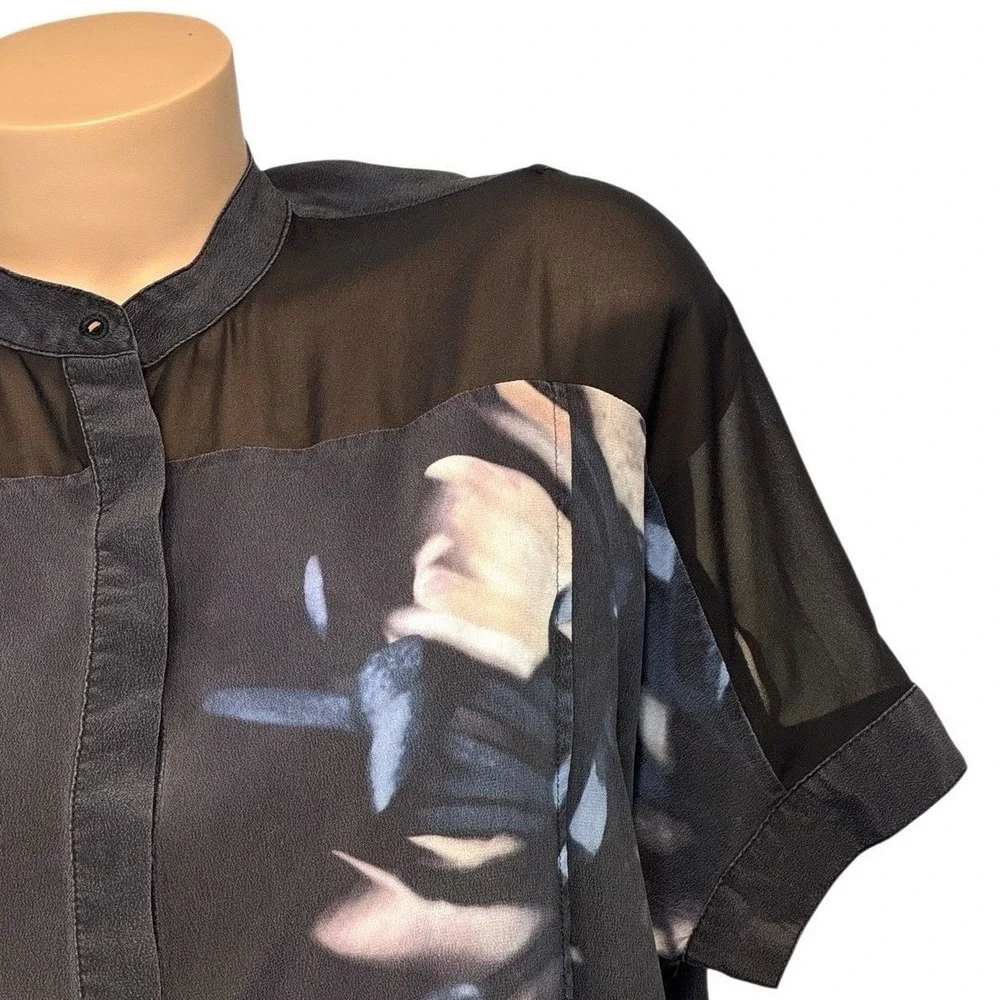 AllSaints Fleet Haze Silk Floral Shirt Dress Black Sheer Yoke Women's US 4 UK 8 - Picture 2 of 9